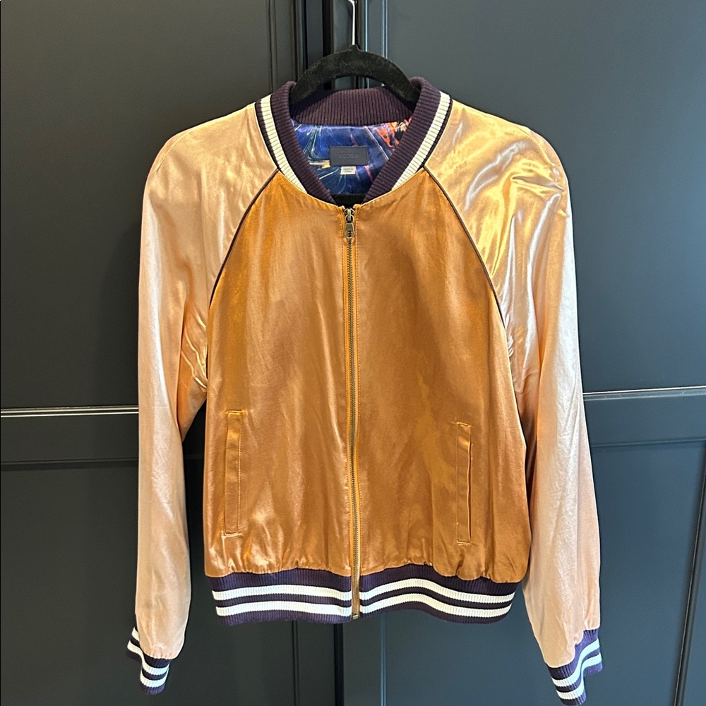 MOTHER Letterman Shimmering Gold Bomber Jacket